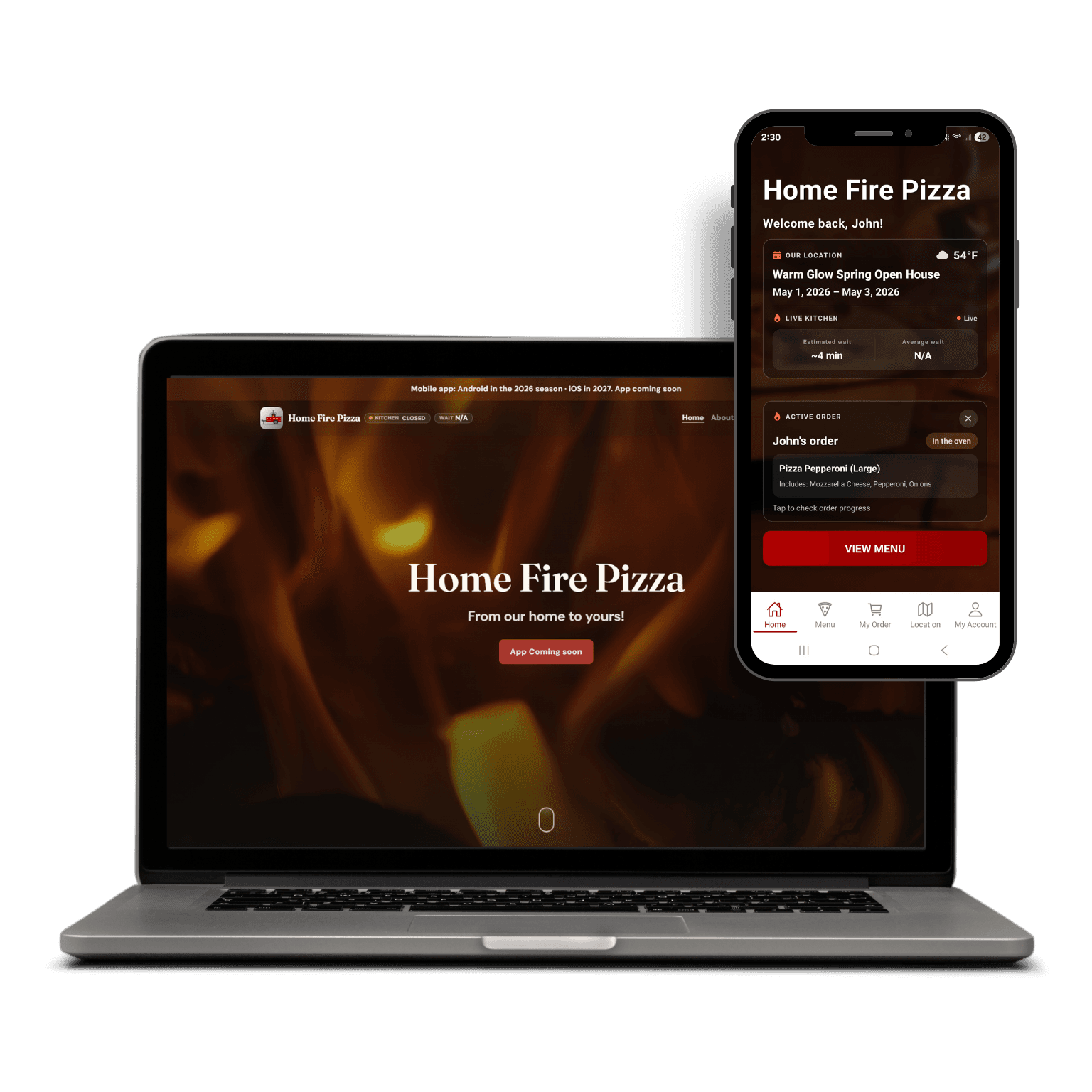 Home Fire Pizza website on a laptop and mobile ordering app, client project showcase.