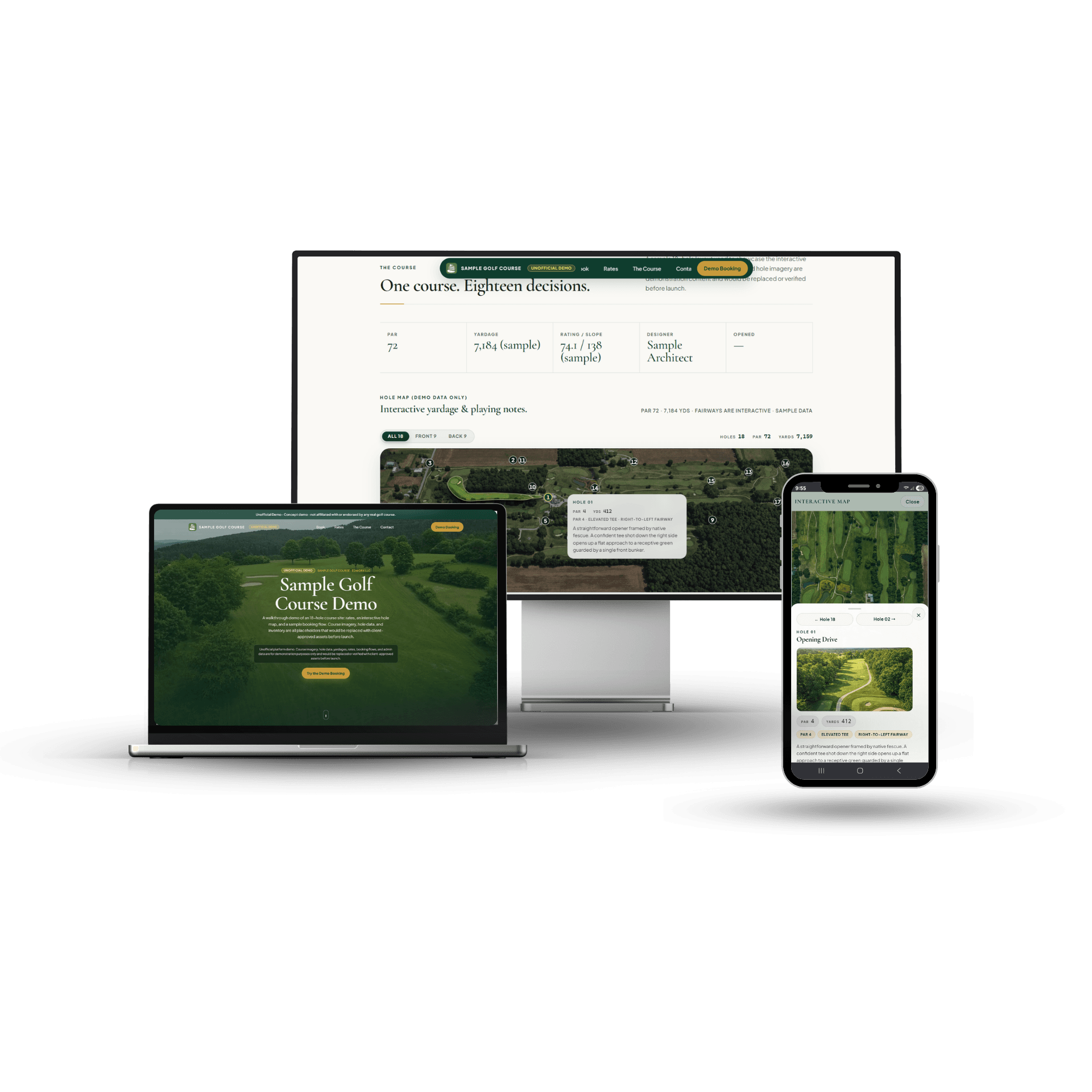 Public golf course website with tee times, storytelling, events, and booking entry.