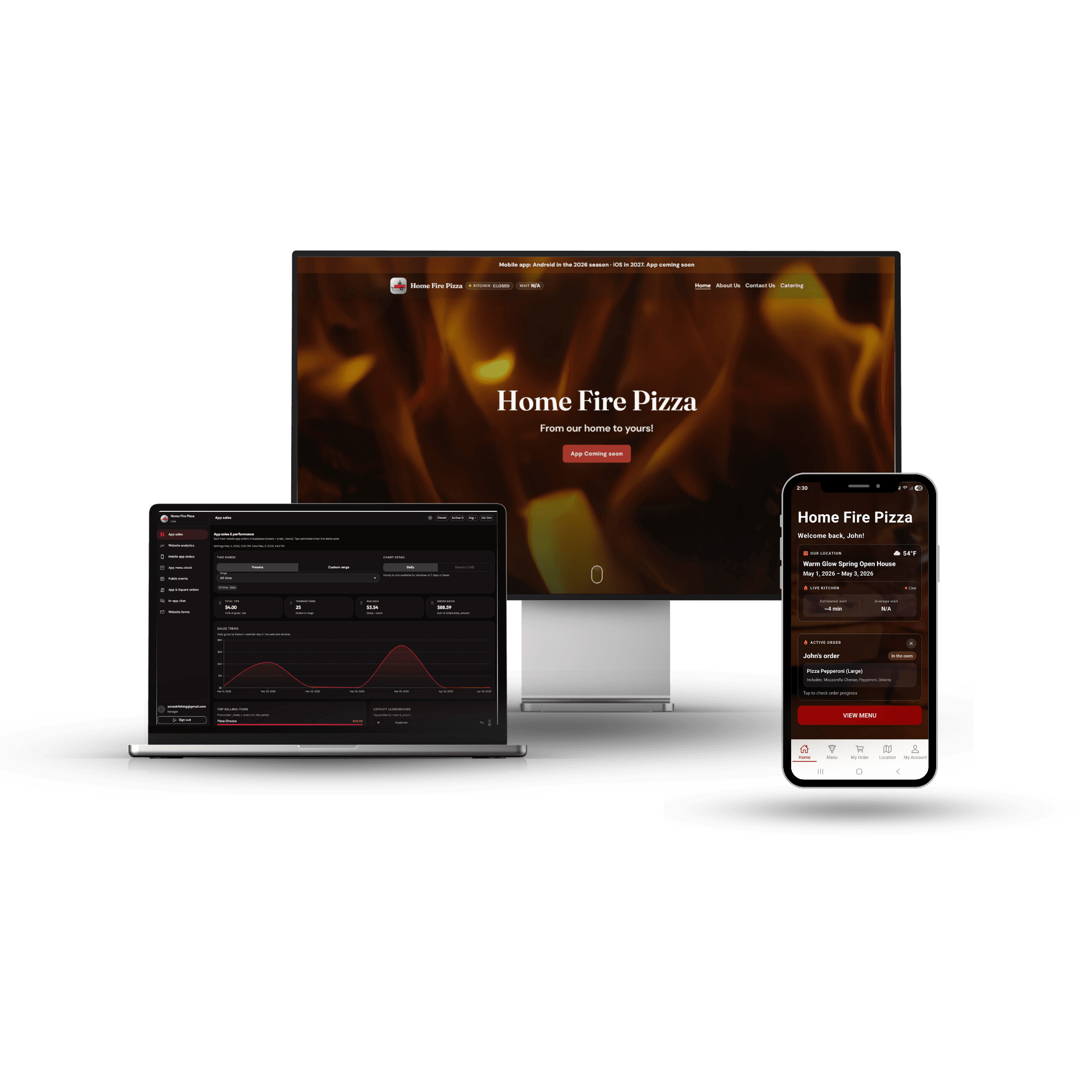 Home Fire Pizza: marketing website on a desktop monitor, operator admin dashboard on a laptop, and customer mobile app on a phone.